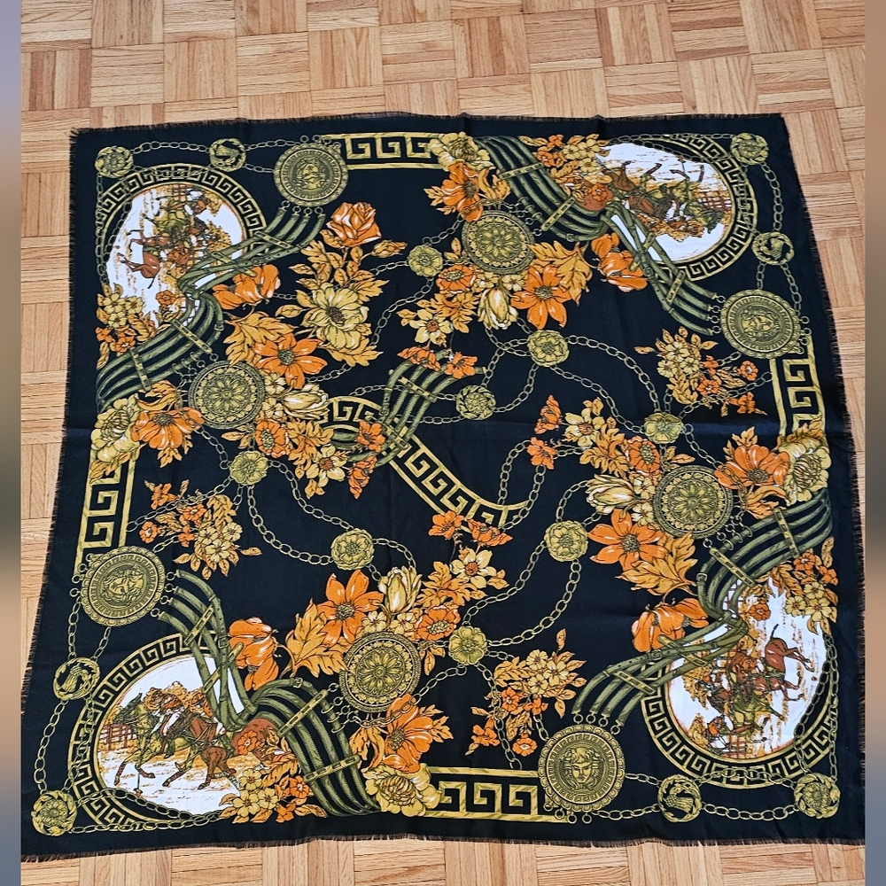 Equestrian Medusa design large scarf shawl.Maxi square scarf. 46¾"x 46″   B-46
